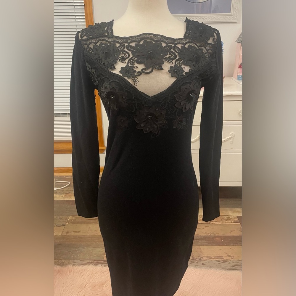 Sexy Black Lace Beaded Sweater Dress! Sheer across the top of chest and back!